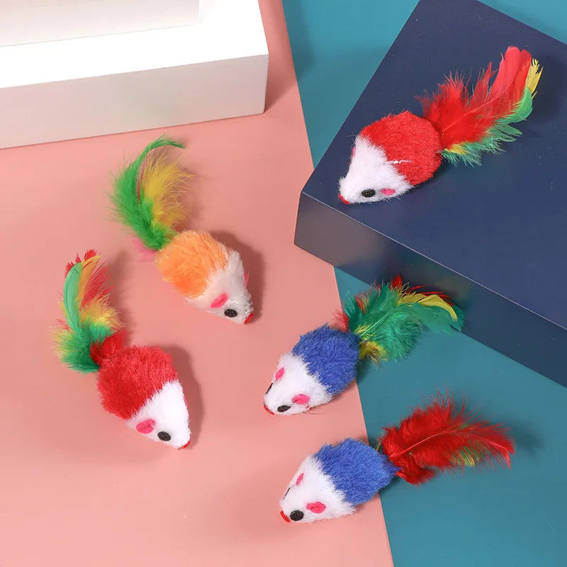 A set of five plush simulation mouse cat toys in various colors including red, orange, pink, blue, and green feathers.