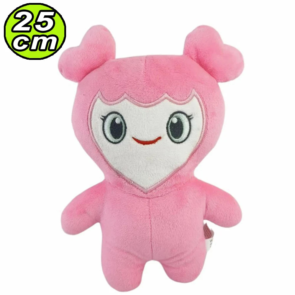 Pink Kawaii Momo plush keychain with large eyes and a heart-shaped face.
