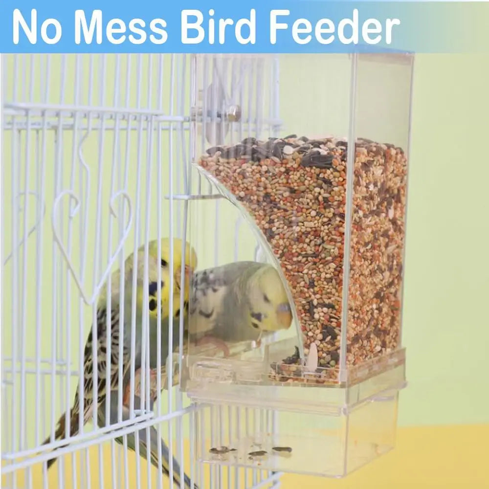 Clear acrylic automatic bird feeder with a perch filled with seed for birds