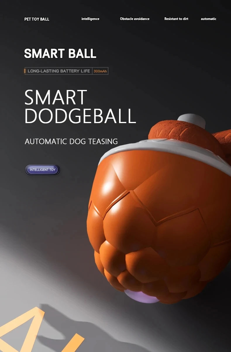 An orange smart dodgeball toy is shown in a close-up, with a shadow cast on a dark surface.