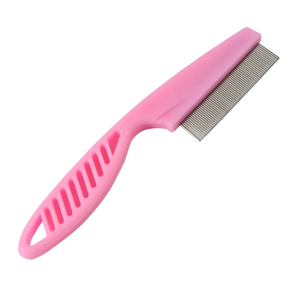 A pink stainless steel pet grooming comb with fine teeth shown from the side.