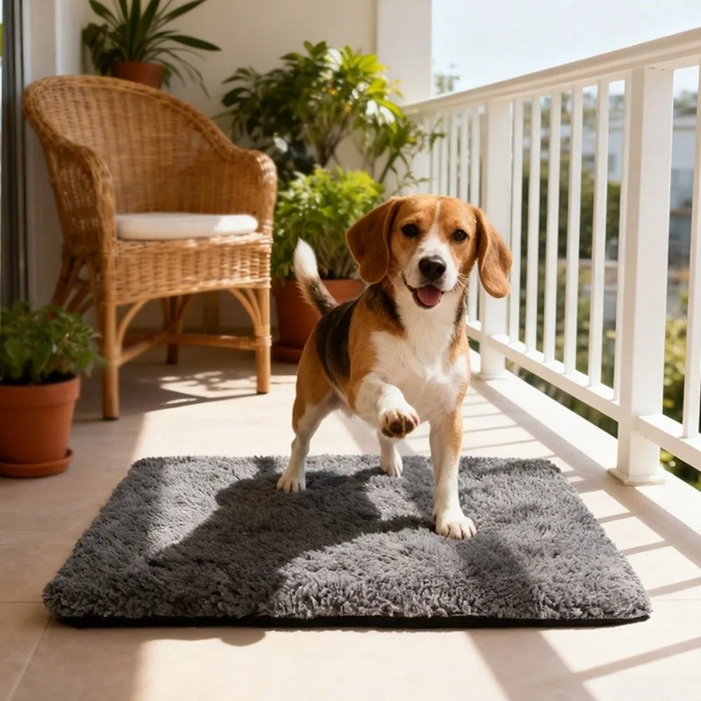 A happy dog stands on a gray self-warming cat mat on a balcony with a white railing and potted plants.
