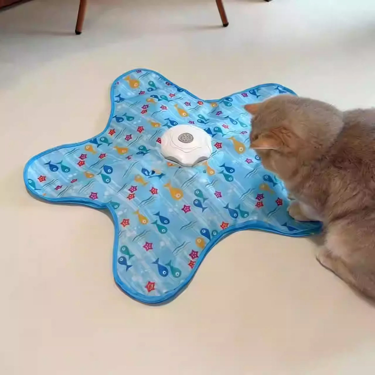 Un chat gris interagit avec un tapis d'animal bleu à motifs avec un jouet sphérique blanc.
