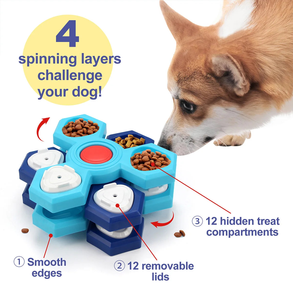 A blue and white interactive puzzle feeder bowl for dogs with spinning layers and removable lids.