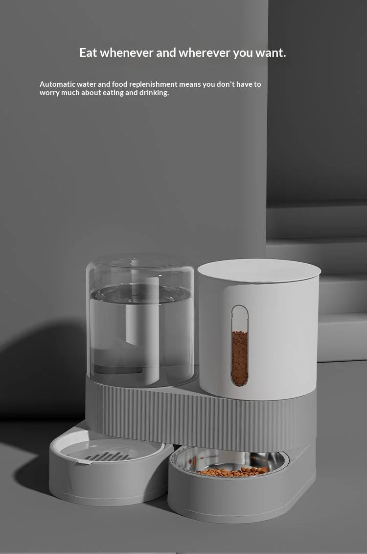 A white automatic gravity pet feeder and water dispenser combo with a separate food compartment.