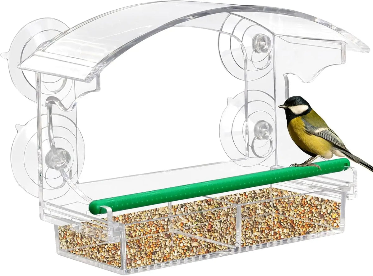 Clear acrylic window bird feeder with a green tube and suction cups for feeding birds.