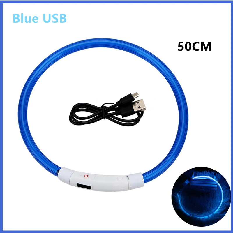 A blue USB light collar with a 50cm length and a white battery pack is shown.