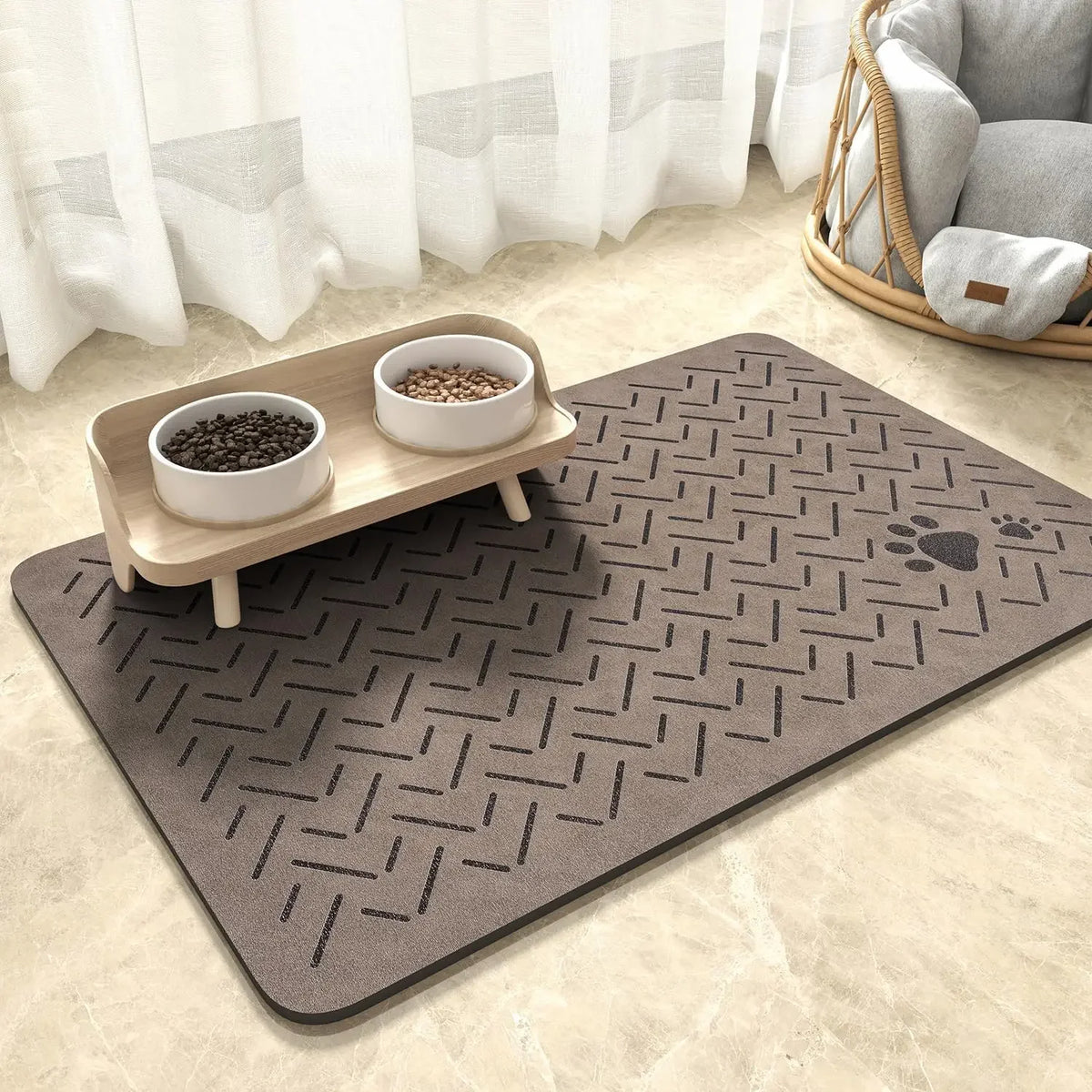 A brown pet feeding mat with a geometric pattern and a wooden tray for food, placed on a light floor.