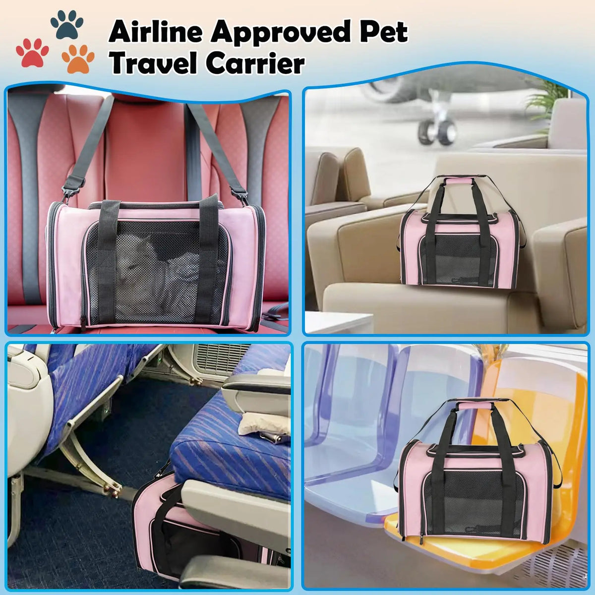 Airline approved pet travel carrier in pink and gray fabric shown inside an airplane seat.