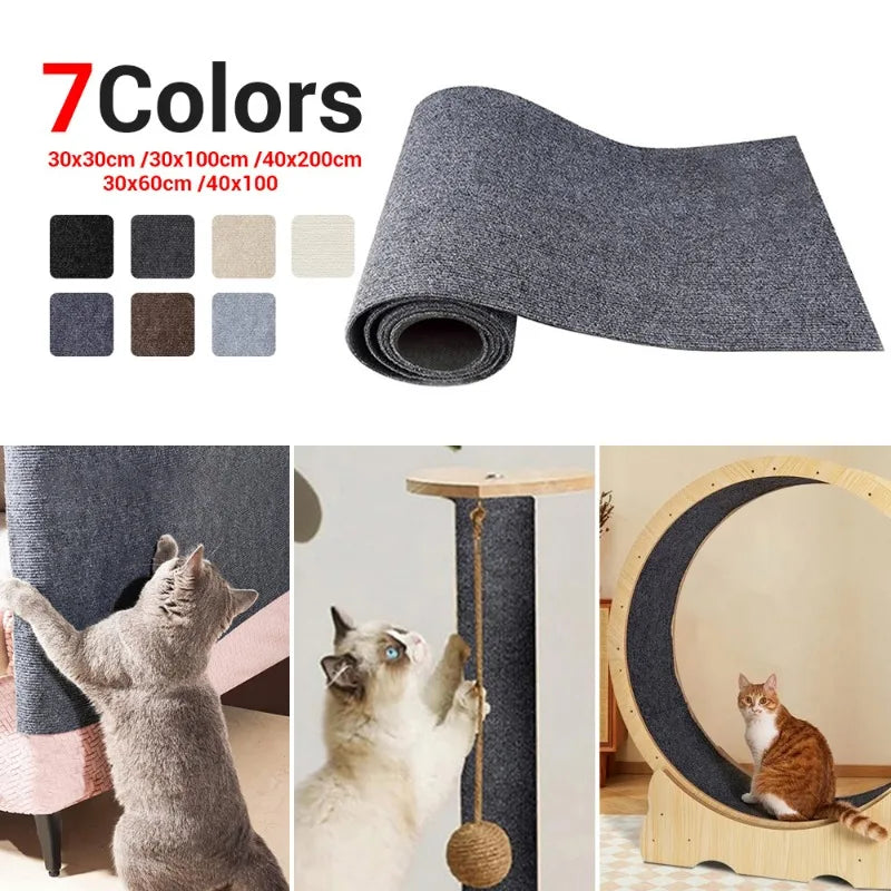 Roll of gray cat scratcher sofa protector pad with various color options shown next to cats