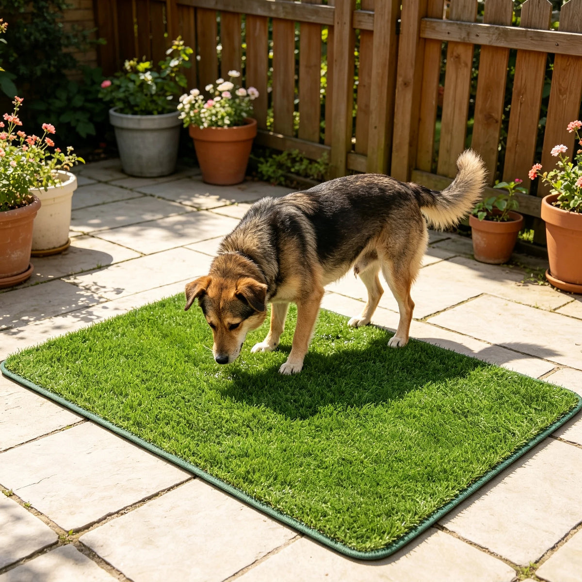 A dog is sniffing a green artificial grass mat placed on a stone patio.