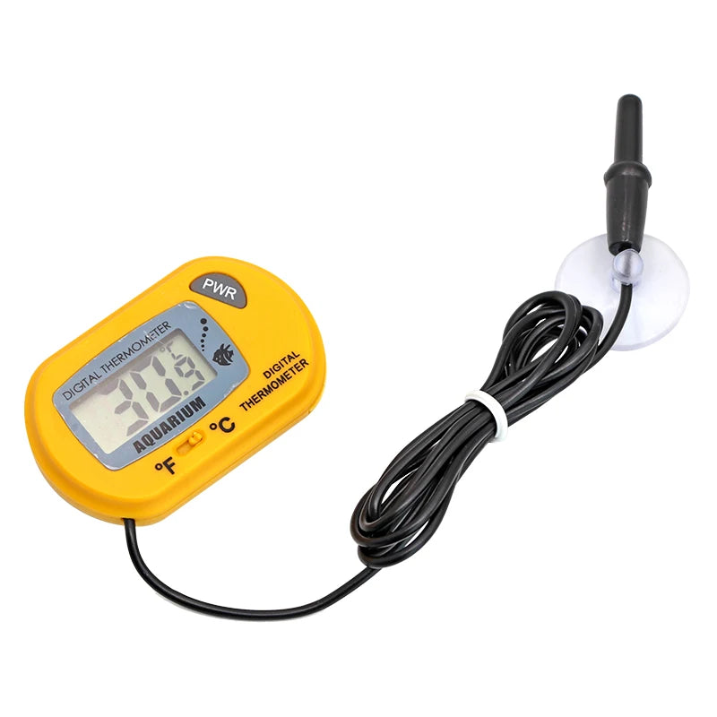 Geliges digitales Thermometer für die Aquariumwasser-Temperatur mit schwarzem Kabel und Sensor.