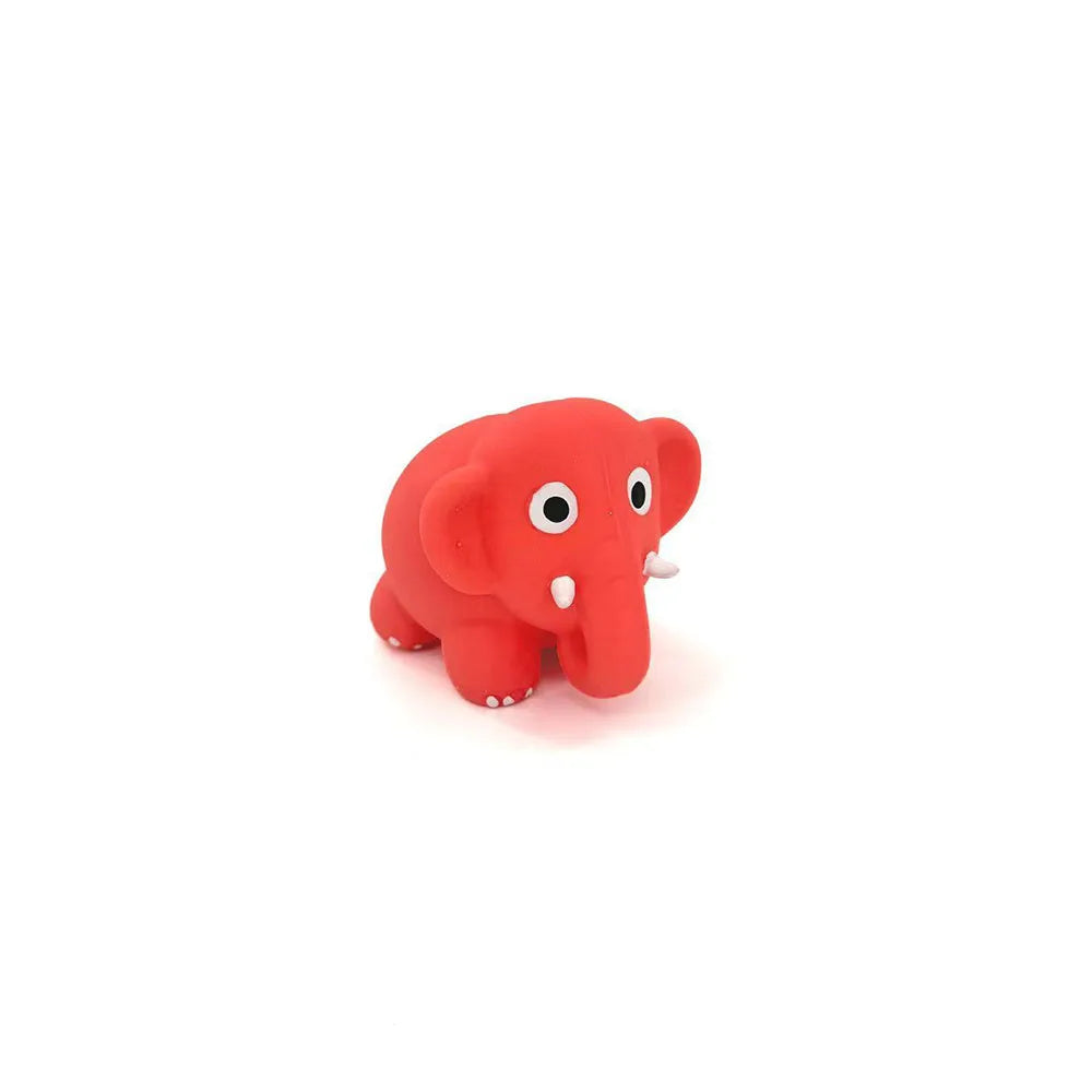 A small, red, interactive squeaky chew toy shaped like an elephant for dogs.
