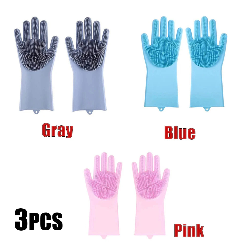 A set of four silicone pet bathing gloves in gray, blue, pink, and a third color, shown individually.