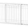 White adjustable wooden pet gate with vertical bars for indoor use