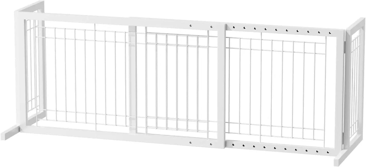 White adjustable wooden pet gate with vertical bars for indoor use