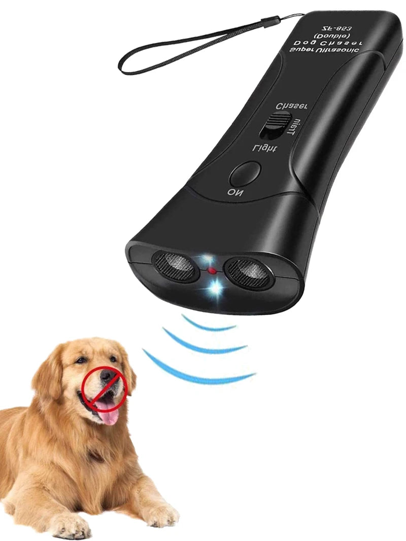 A black ultrasonic dog deterrent device with an LED flashlight is shown above a dog.