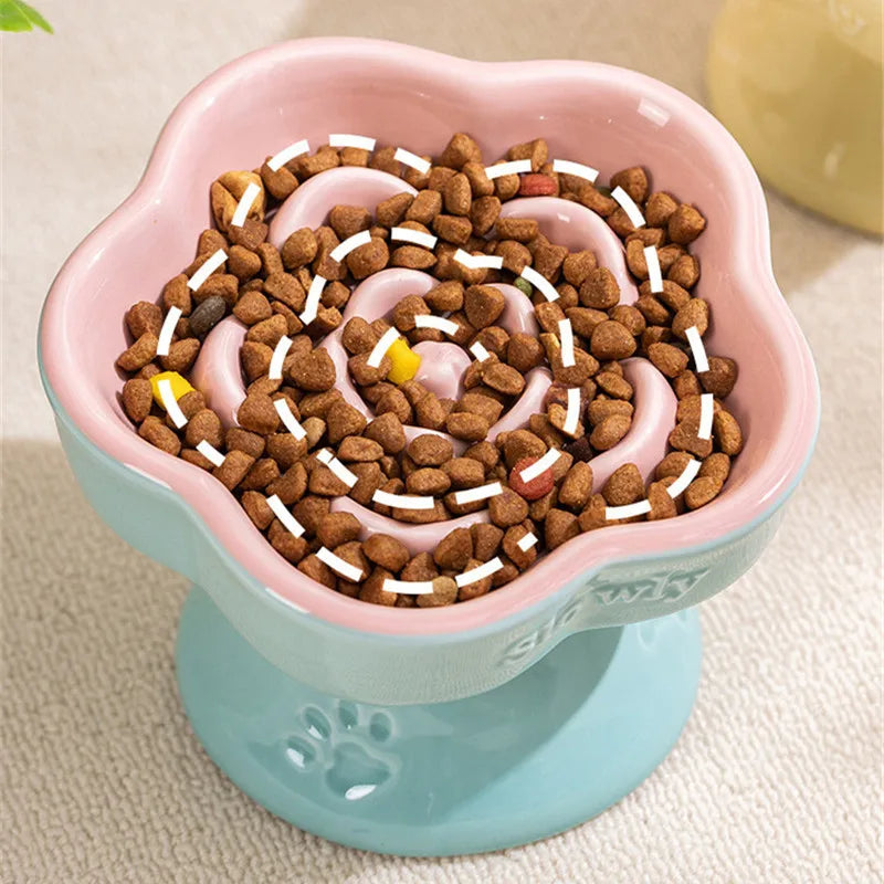 Elevated Ceramic Slow Feeder Bowl for Cats and Small Dogs