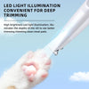 A white LED light illuminates the depths of a dog's paw during trimming.