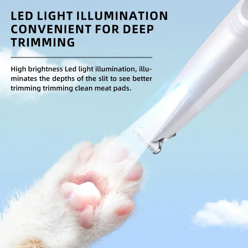 A white LED light illuminates the depths of a dog's paw during trimming.