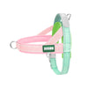 A pink and green durable reflective dog harness for outdoor walks.