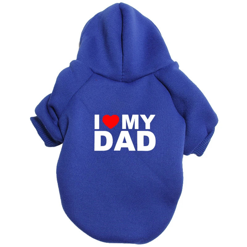 A royal blue plush winter hoodie with the text I love my dad on the chest.