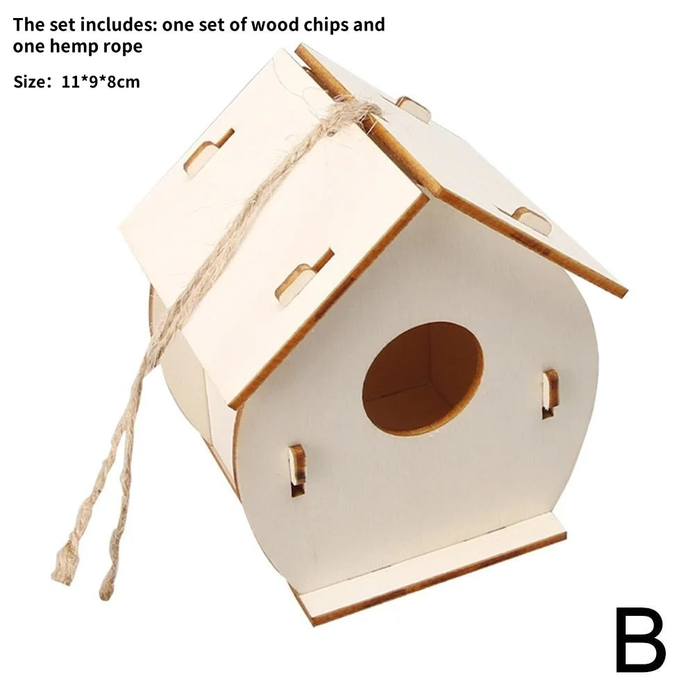 Unfinished Wooden Bird House Kit with Hemp Rope for DIY Painting