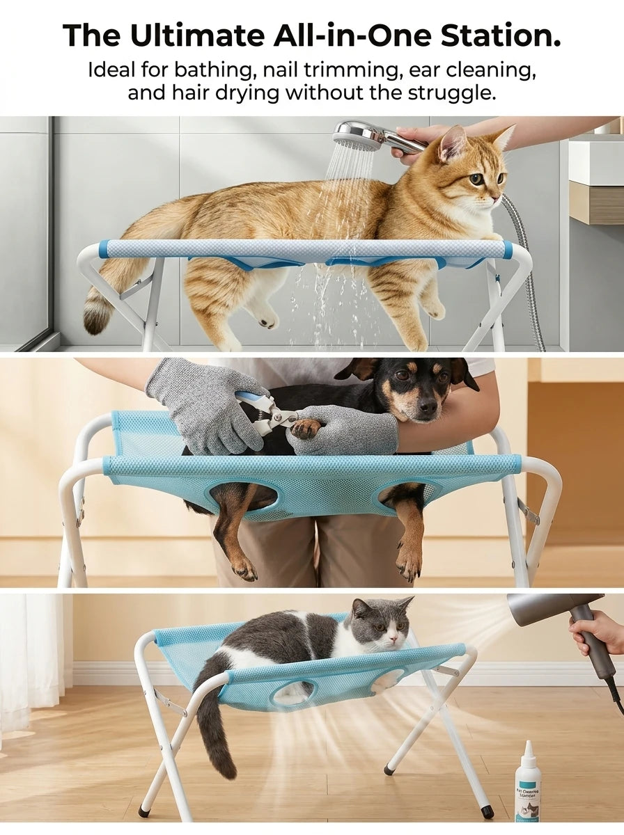 A foldable pet grooming hammock station is shown being used for bathing, nail trimming, and hair drying on a cat and a dog.