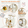 A multi-level cat tree featuring various entertainment options like a dangling ball, swing, and hunting toys for cats.