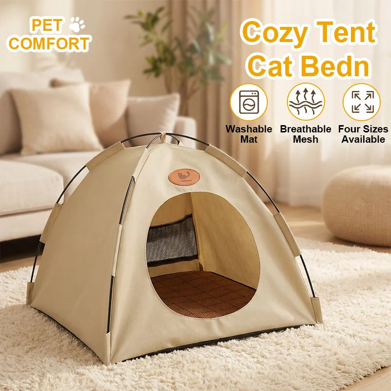 A beige breathable mesh pet tent bed for cats and small dogs placed on a light rug.
