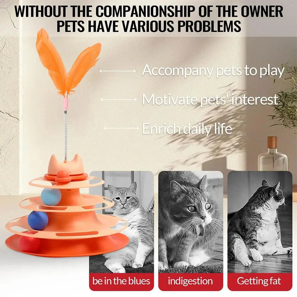 Orange rotating feather cat toy tower with multiple colored balls for pets