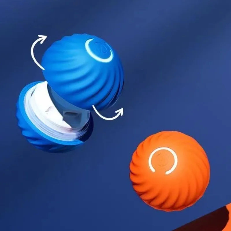 Un jouet en forme de balle interactive pour chien bleu automatique, en rotation, sur fond bleu foncé.