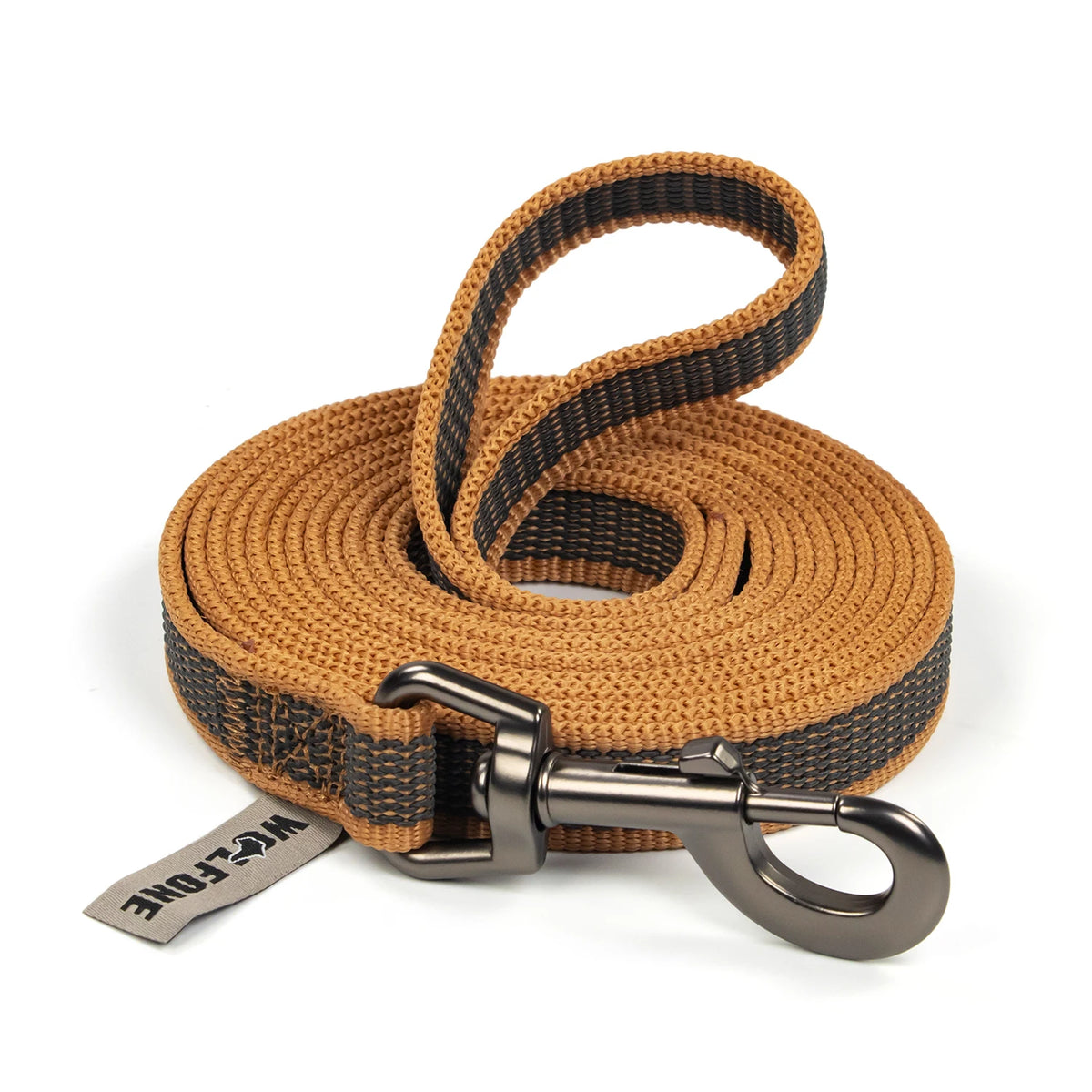 A coiled brown and black woven nylon dog leash with a metal clip.