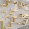 Wall-mounted wooden cat tree and hammock featuring natural wood and woven sisal rope for climbing and resting.