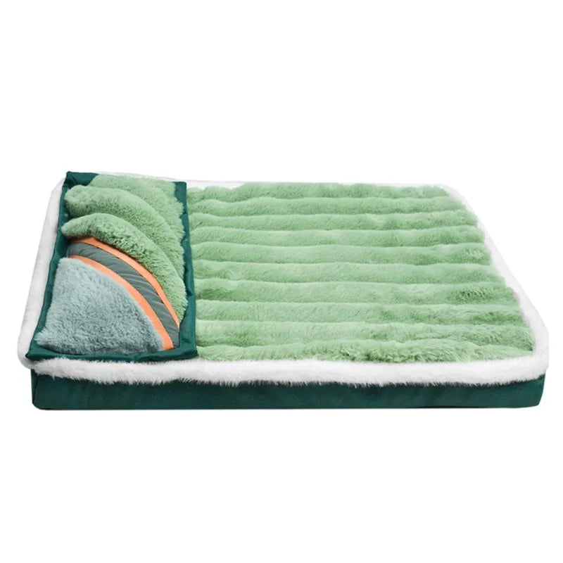 A rectangular green fleece dog bed with a detachable, fluffy white cover.
