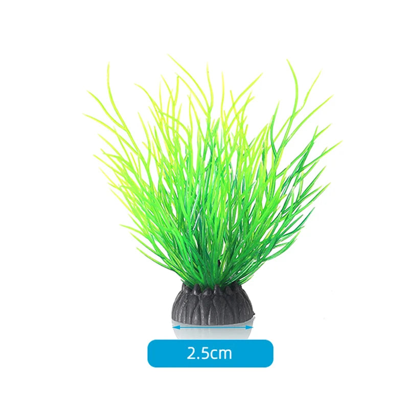 A clump of bright green artificial aquatic plants used for fish tank decoration.