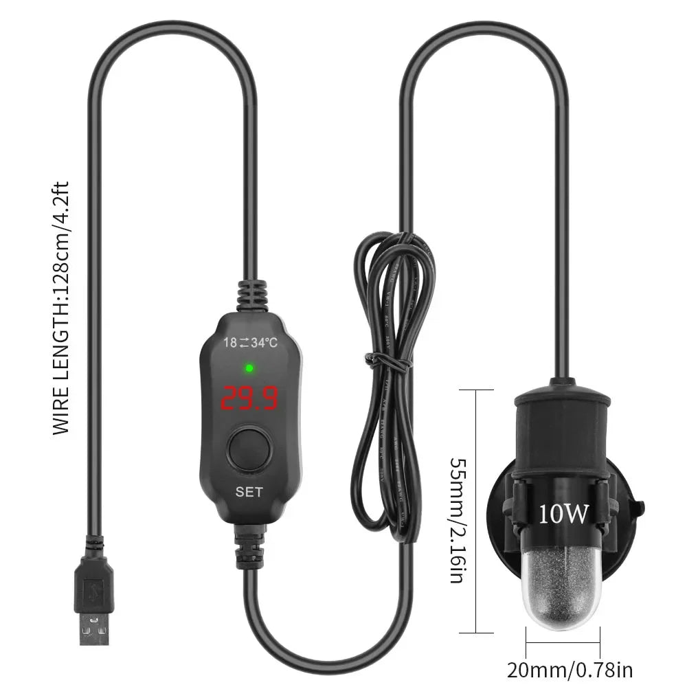 Black submersible aquarium heater with a long wire and 10W output
