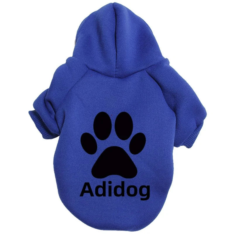 A royal blue dog-themed hoodie sweatshirt with a hood and paw print design.