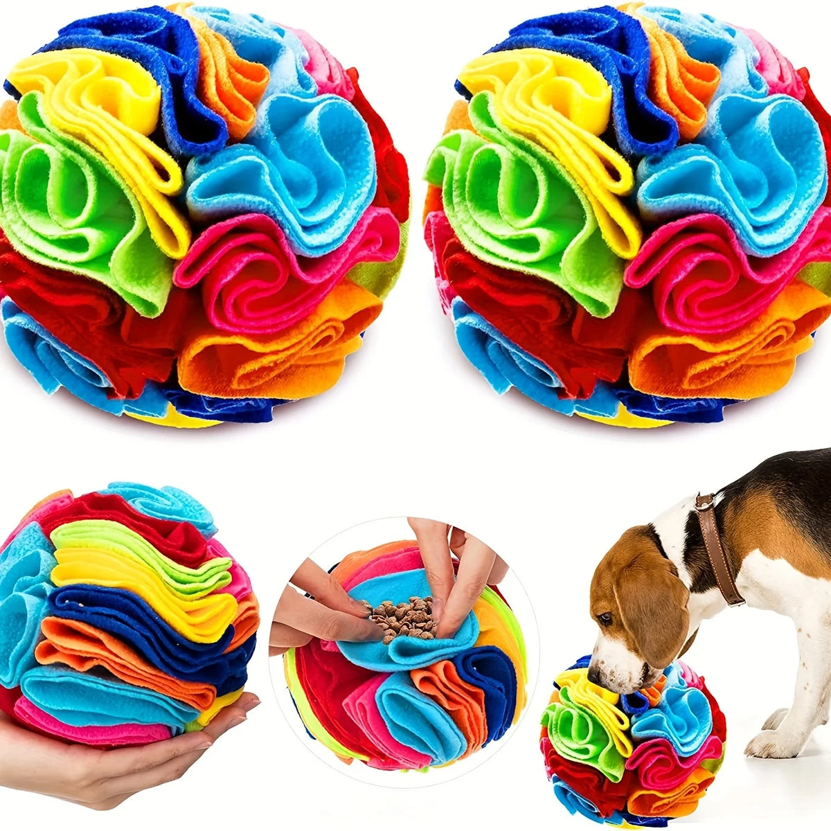 Buntes Schnuffelball-Hundespielzeug mit Stofffalten, in leuchtenden Farben und gespielt von einem Hund.