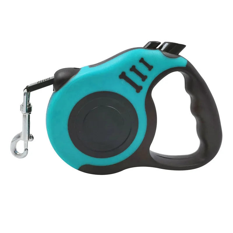A teal and black retractable dog leash with a comfortable grip and a metal clip.
