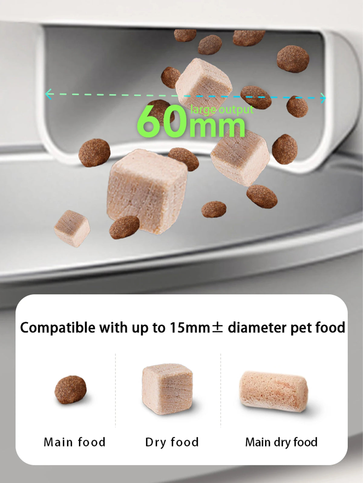 Comedero para mascotas dispensando pienso grande en un recipiente, mostrando diferentes tipos de alimento seco.