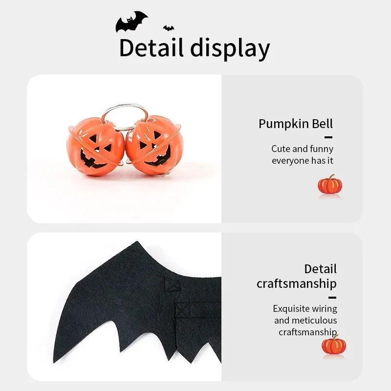 Detail display of a Halloween bat wings pet costume with a pumpkin bell for cats and small dogs