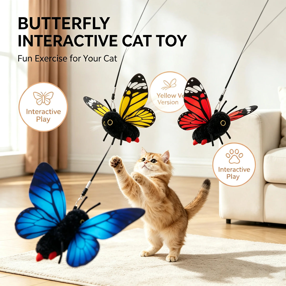 A fluffy orange cat plays with an interactive butterfly cat toy featuring a black and yellow version.