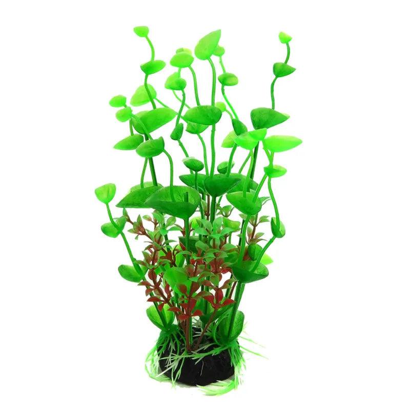 Artificial aquarium plant with green leaves and red stems growing in black substrate.