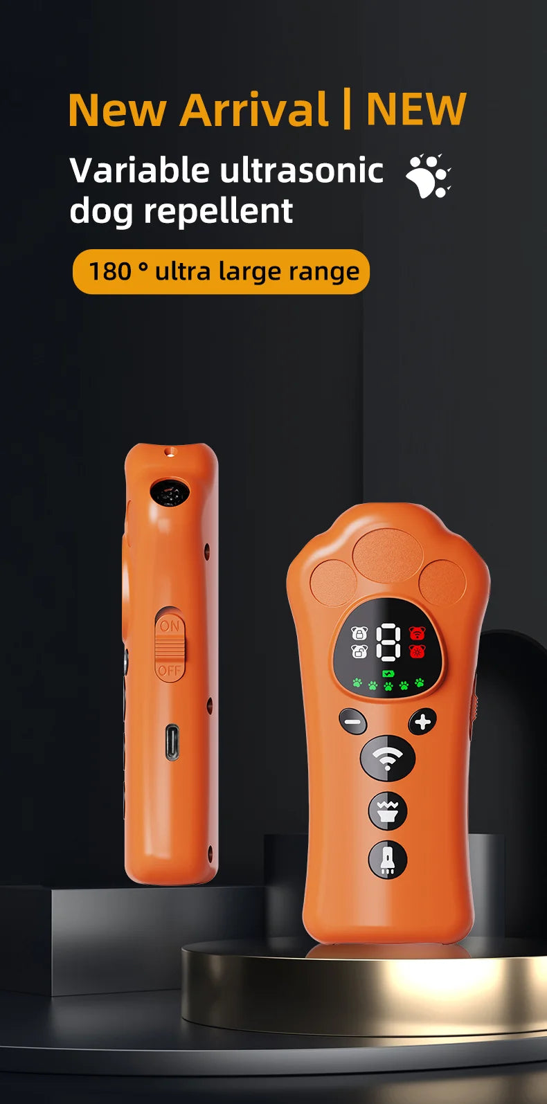 Paw-Shaped Ultrasonic Dog Repeller with Adjustable Frequency Levels and LED Flashlight