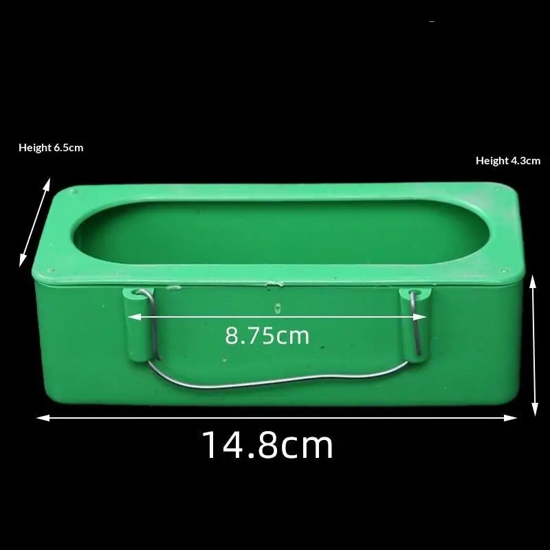 A rectangular green hanging automatic bird feeder with a transparent window and a metal wire for hanging.