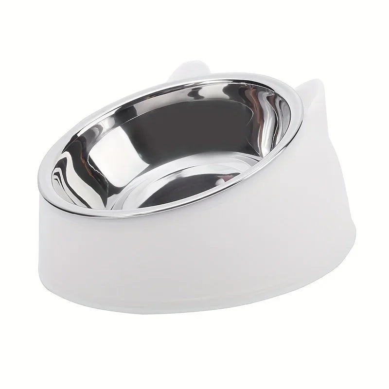 A white ceramic pet bowl with a tilted stainless steel bowl for elevated feeding.