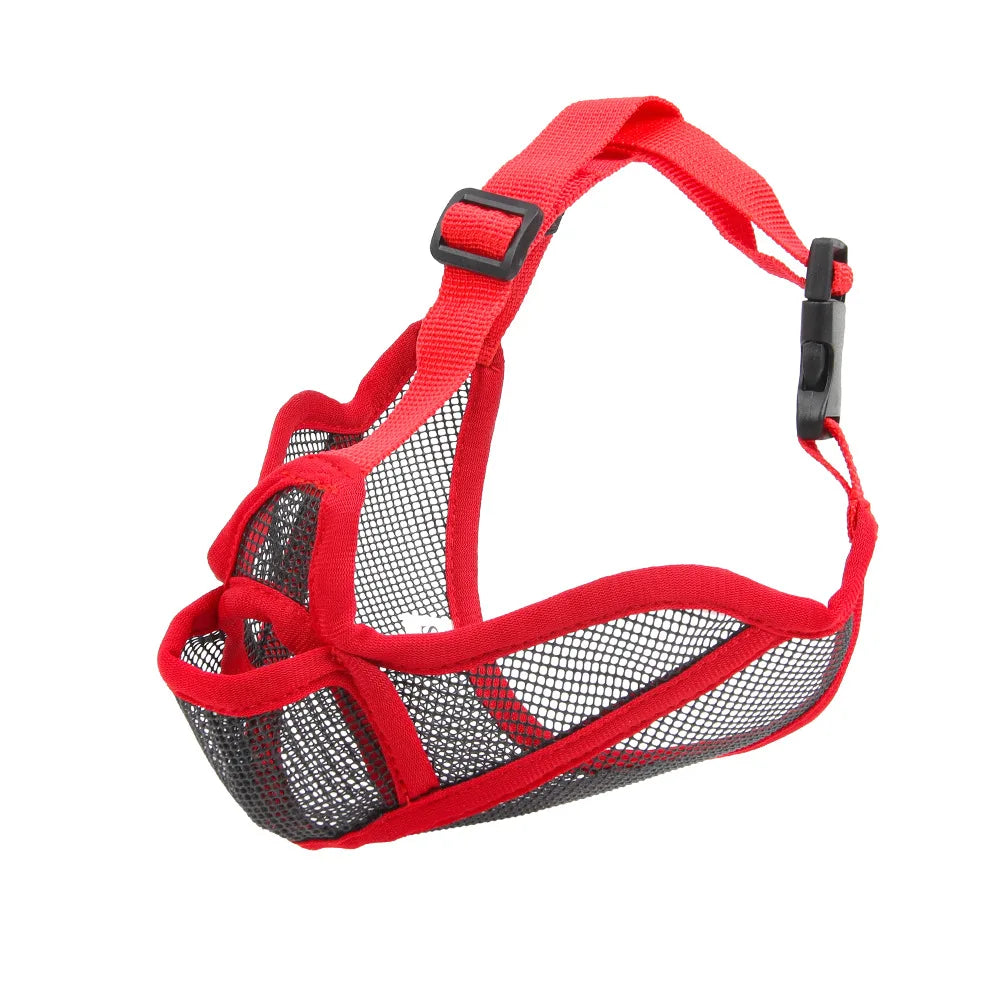 Red nylon dog muzzle with adjustable strap and mesh padding for short-nosed breeds