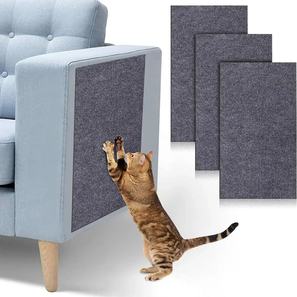 A tabby cat jumps onto a blue upholstered furniture pad, which is designed to protect the furniture.