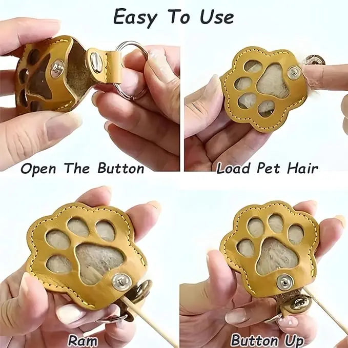 A leather pet paw shaped keychain charm demonstrating the process of opening, loading hair, ramming, and buttoning up.